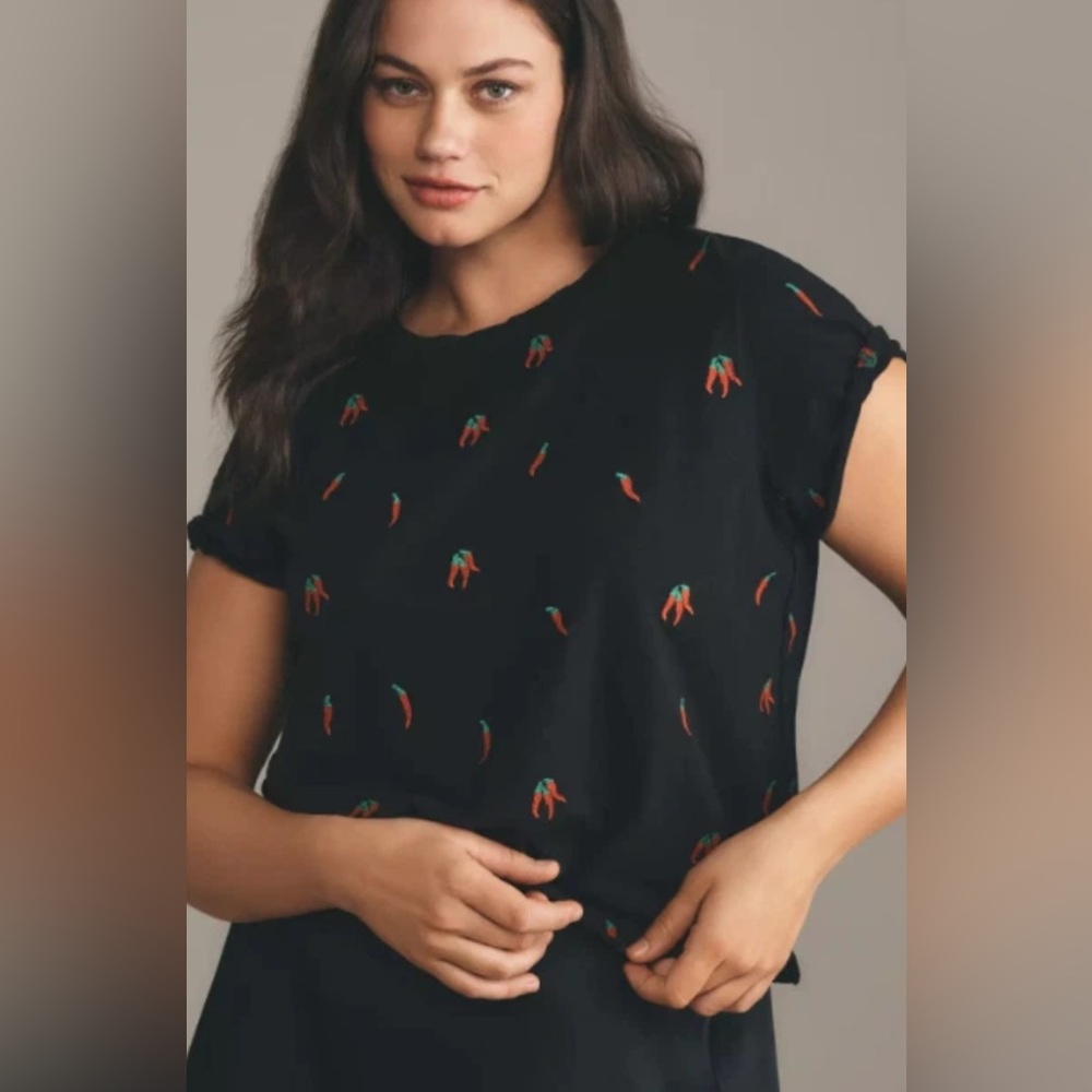 Maeve Black Top with Red and Green Chili Print
